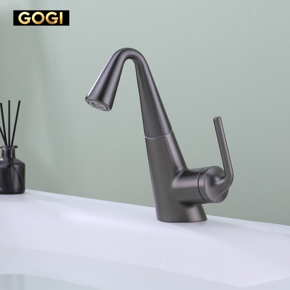Basin Mixer Cartridge - GOGI ガンメタルグレーの真鍮製引き出し式洗面台用混合水栓、セラミックカートリッジ、2つの水出しモード、360度回転 ° 回転式温冷混合水栓