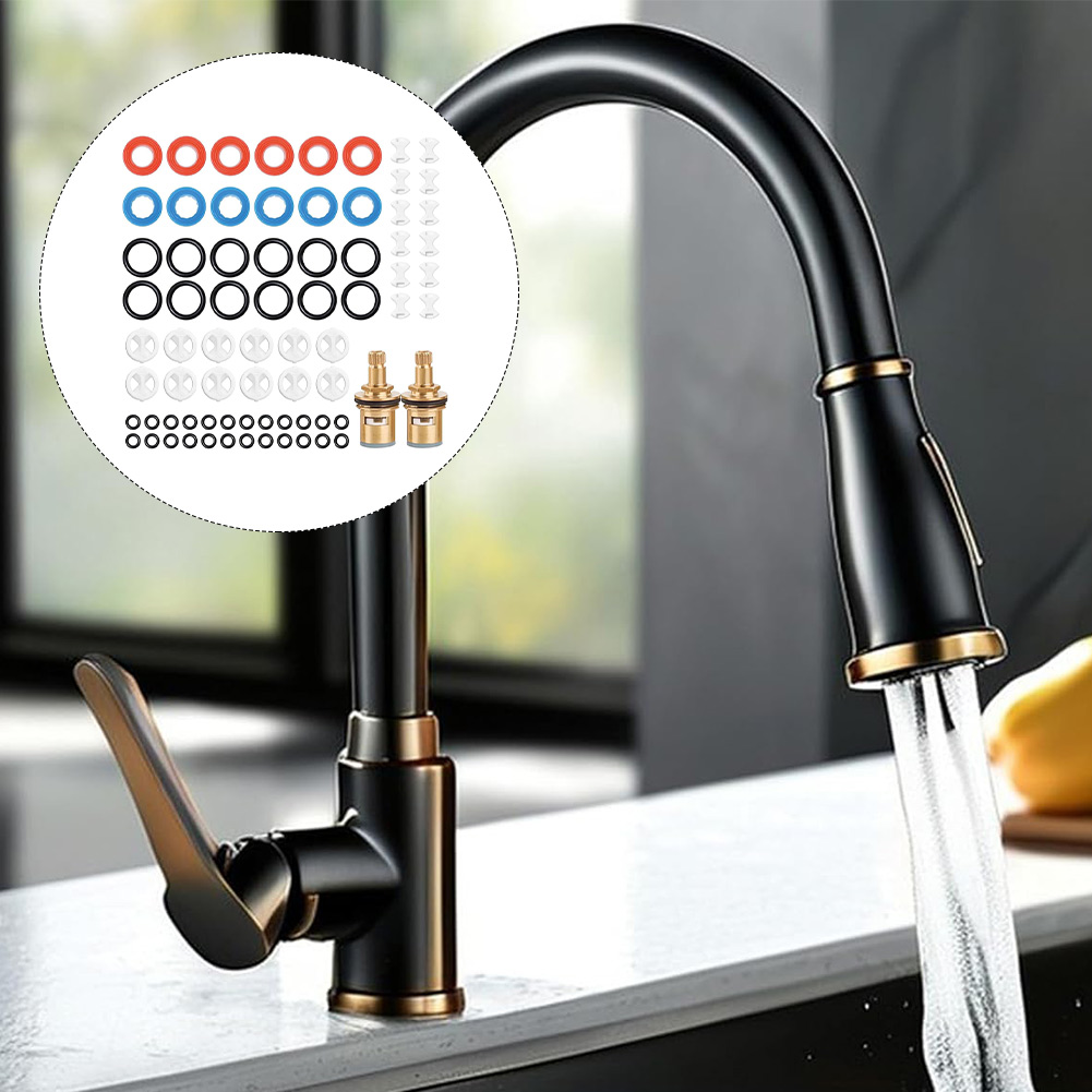 Silicone Tap Washer - 標準的な家庭用蛇口に対応する、72個の蛇口用ワッシャーとシリコンOリングが付属した、真鍮製の蛇口カートリッジ交換用2点セット。